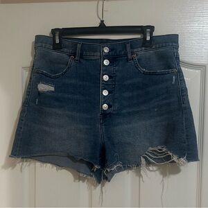 Women’s Express Mom Distressed Cut Off High Waisted Blue Button Jean Shorts. 12.